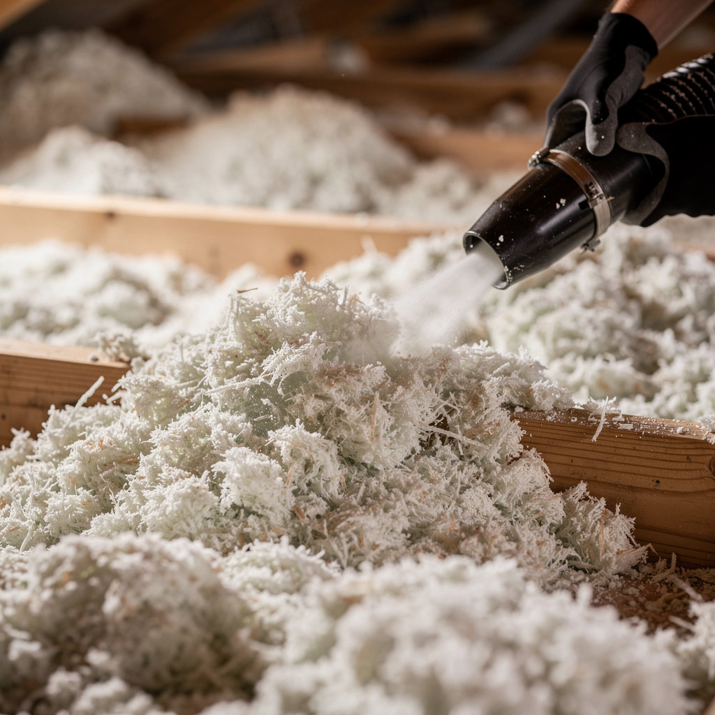 Broken Drum Insulation professional installing blown-in fiberglass insulation in a Santa Barbara area home attic